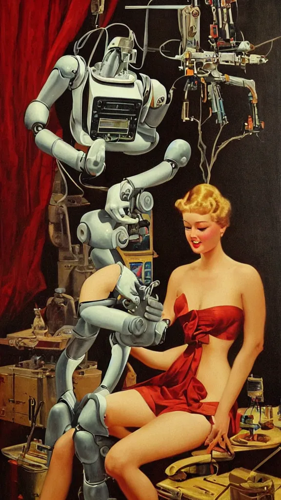 Prompt: robot painting a robot on canvas, intricate, highly detailed, photorealistic, film still, by gil elvgren.