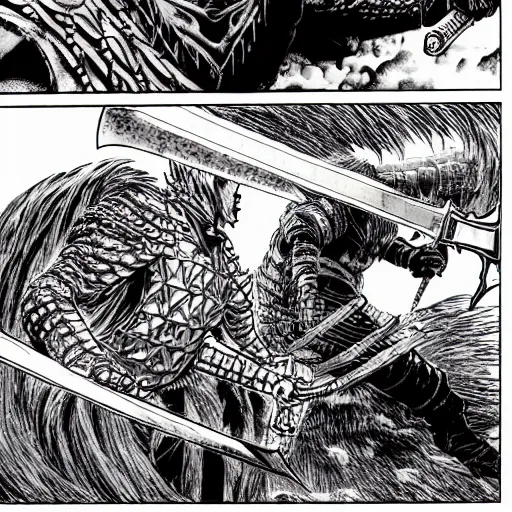 Image similar to a highly detailed panel from the berserk manga of guts wielding his large great sword while battling an enemy, berserk manga, colored manga art