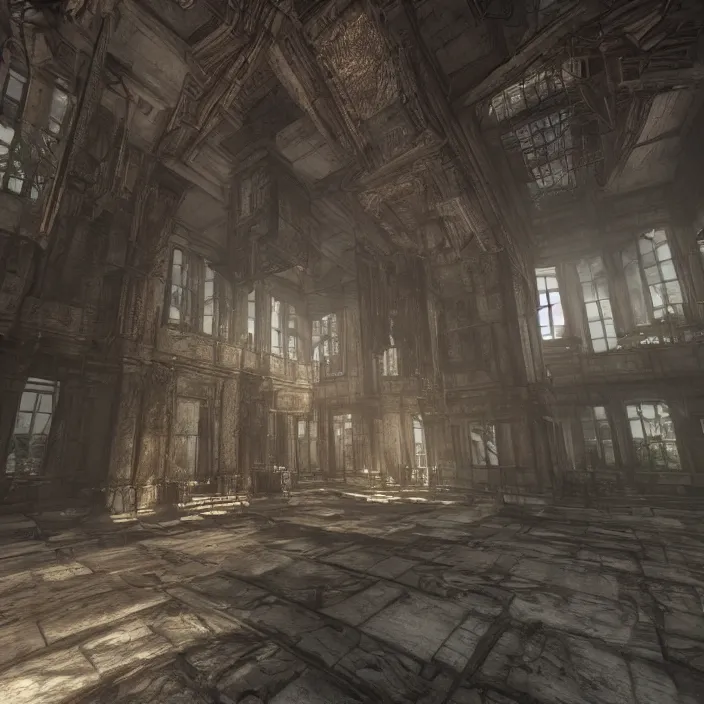 Image similar to interior mazelike architecture from quake, lovecraftian, liminal space, moody lighting, unreal engine 5, hyper detailed, hyper realistic