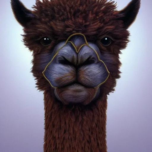 Prompt: Portrait of a cool looking alpaca, digital painting, highly detailed, art by Magritte, artstation, concept art, smooth, sharp focus, illustration