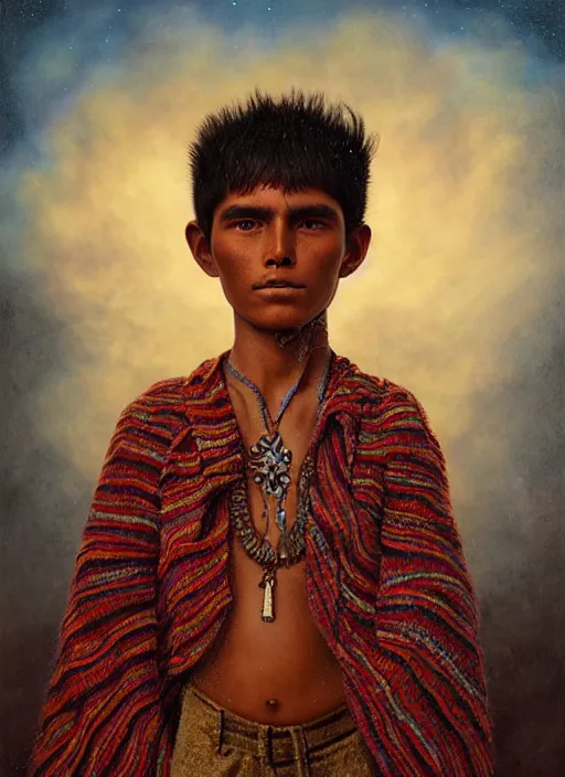 Prompt: portrait of a magical huichol boy in oaxaca mexico, by agostino arrivabene and tom bagshaw and manuel sanjulian