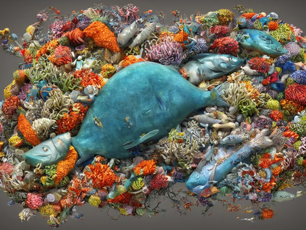 Image similar to a sculpture of fish ocean intertwined, a lovely cornucopia of flowers and human body parts, body parts, authentic, highly detailed, octane render, cinematic, shock, sharp focus, ball, an independent psycho,