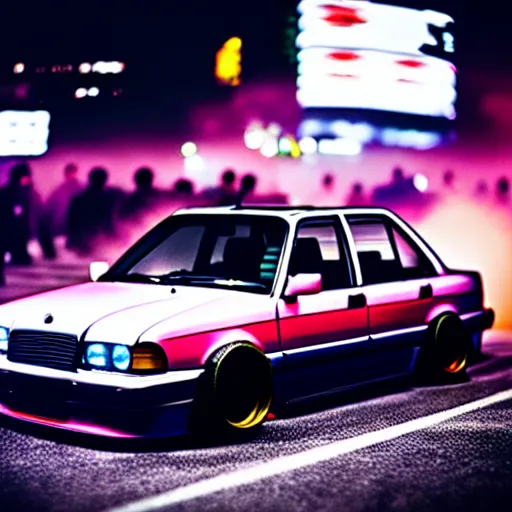 Prompt: a car 190E turbo drift at illegal car meet, Shibuya prefecture, midnight mist lights, cinematic color, photorealistic, highly detailed wheels, highly detailed