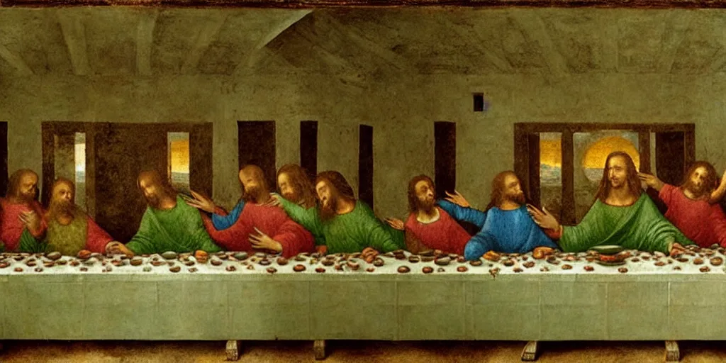 Image similar to the last supper with green sentient blobs, horror, painted by leonardo da vinci