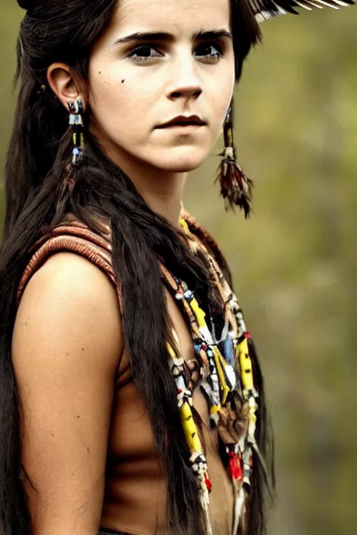 Image similar to Photo of Native American indian woman Emma Watson, portrait, skilled warrior of the Apache, ancient, realistic, detailed, Emma Watson