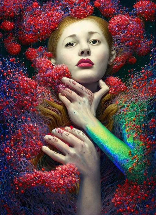 Image similar to hyper detailed 3d render like a Oil painting - Aurora (Singer) Eats of the Strangling Fruit and Her Hands full of gossamer polyp blossoms bring iridescent fungal flowers whose spores black the foolish stars by Jacek Yerka, Mariusz Lewandowski, Houdini algorithmic generative render, Abstract brush strokes, Masterpiece, Edward Hopper and James Gilleard, Zdzislaw Beksinski, Mark Ryden, Wolfgang Lettl, hints of Yayoi Kasuma, octane render, 8k