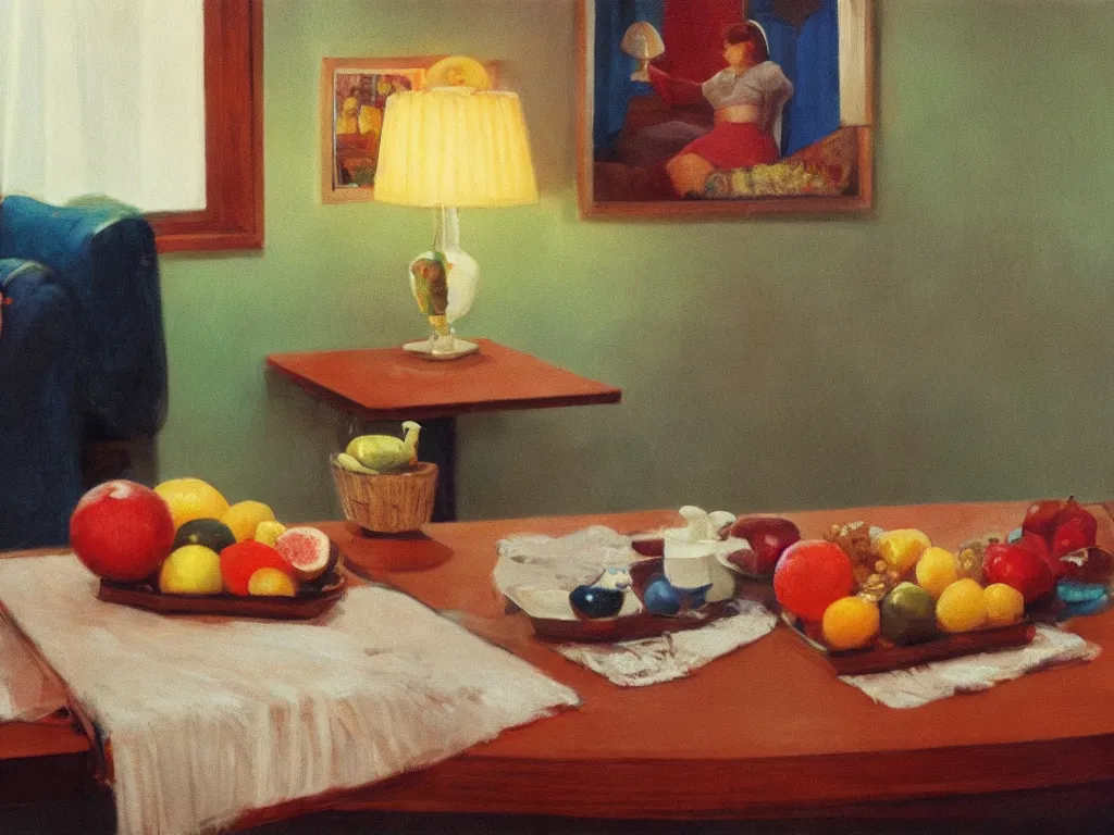 Prompt: 70s living room table with fruit basket, fine art, still life, the shinning stanley kubrick, god ray, cinematic, realistic, detailed, close up, volumetric lighting, painting in the style of Edward Hopper