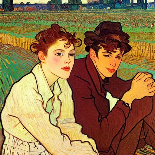 Image similar to painting of handsome young delicate beautiful jeffrey in his 2 0 s with brown hair and gorgeous rina together at the pumpkin patch in october, elegant, clear, painting, stylized, art, art by alphonse mucha, vincent van gogh, egon schiele