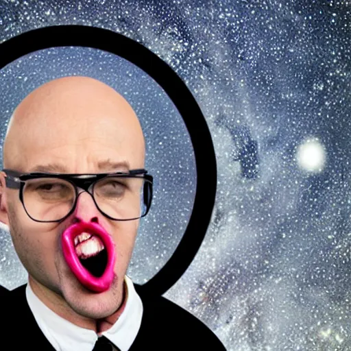 Prompt: completely solid white bald man with stubble and glasses and his mouth wide open with excitement being sucked into a black hole in space, digital artwork