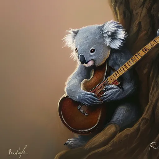 Image similar to Koala playing a guitar, highly detailed, fantasy art, in the style of greg rutkowski, illustration, epic, fantasy, intricate, hyper detailed, artstation, concept art, smooth, sharp focus, ray tracing