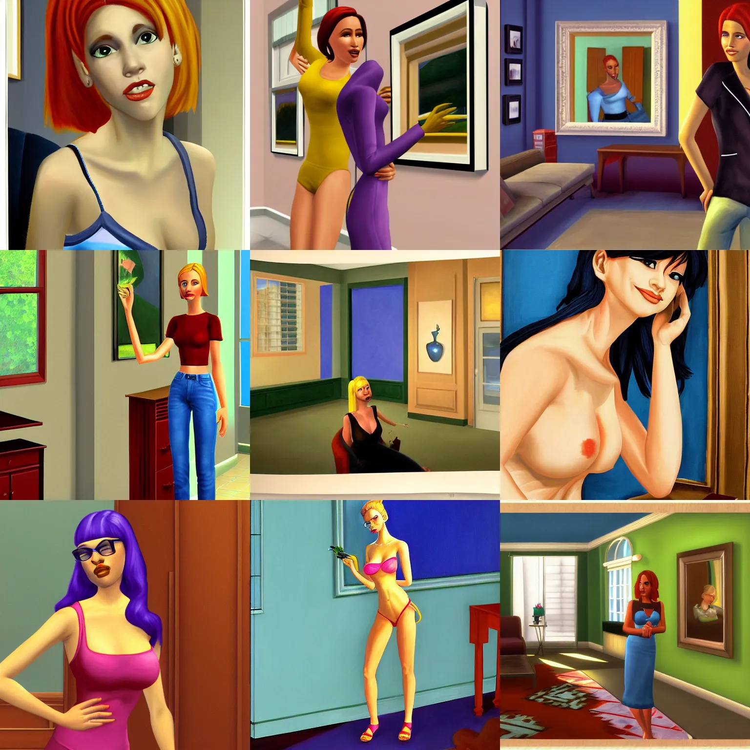 Prompt: painting of dina caliente from the sims 2 ( 2 0 0 4 ) by edward hopper