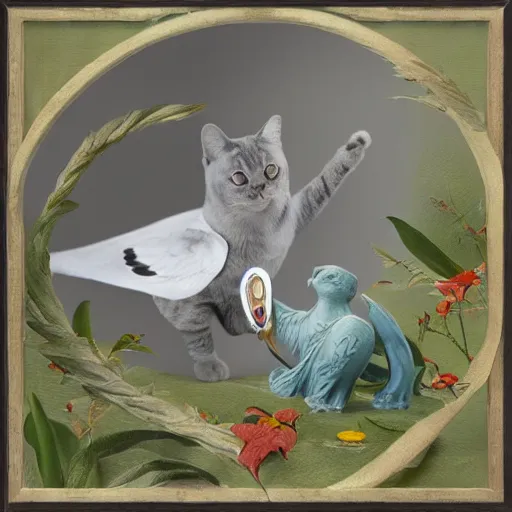 Image similar to cat playing with the dove of peace, photorealistic, detailed