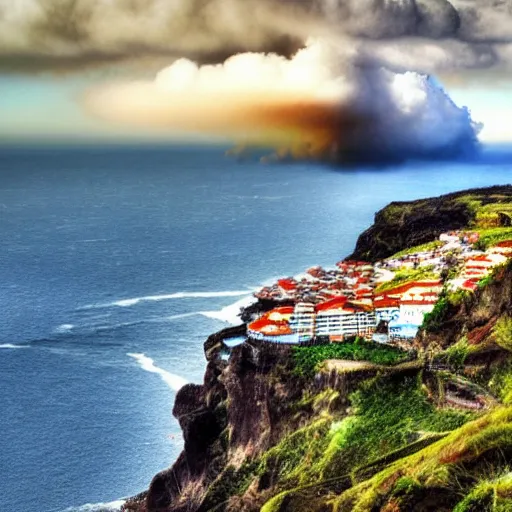 Image similar to madeira island nuked by a nuclear bomb, cloud shroom, cinematic shot, realistic, hdr, color, wide shot