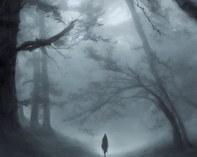 Image similar to a cloaked adventurer in foggy, ghostly woods. Dangerous, foggy, cloudy, mysterious, ominous, threatening, adventurous, ghostly. By Makoto Shinkai, Stanley Artgerm Lau, WLOP, Rossdraws, James Jean, Andrei Riabovitchev, Marc Simonetti, krenz cushart, Sakimichan, trending on ArtStation, digital art.