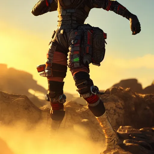 Image similar to wraith from apex legends standing in a battlefield, golden hour, sharp, trending on artstation, digital art