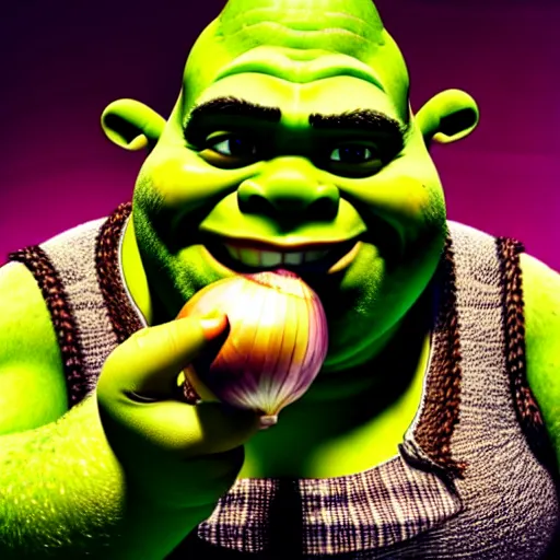 Image similar to a stock photo of shrek eating an onion, 8 k, ultra - realistic, white background, face cluse - up, studio lighting, low exposure