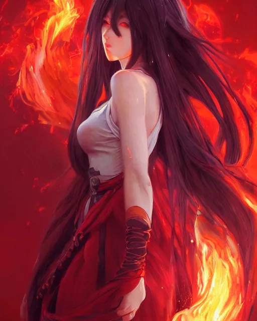 Image similar to red eyed beautiful long haired anime girl, dress in fire, full body photo, flames everywhere, highly detailed, digital painting, artstation, concept art, smooth, sharp focus, illustration, art by artgerm and greg rutkowski and alphonse mucha