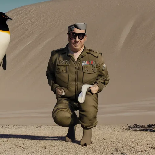 Image similar to shit Penguin in the desert, Pyjama british Air force Officer, octane render, unreal engine, 8k high definition