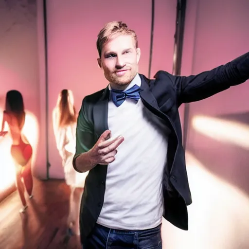 Prompt: photo of a 3 6 year old white man living thinking he's living the best life possible. he looks young for his age. he is at a dance club, it's as if he were in a music video. young woman are flocking to him and can be seen dancing around him in a seductive manner.