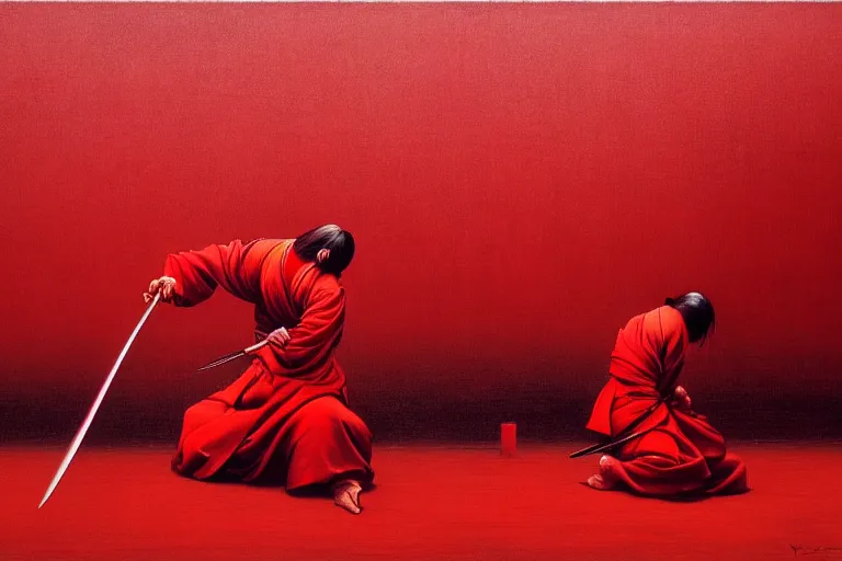 Image similar to only with red, a red samurai do seppuku, tokio, a lot of frogs watch, in the style of beksinski, parts by edward hopper, parts by rodcenko, parts by yue minjun, intricate and epic composition, red by caravaggio, insanely quality, highly detailed, masterpiece, red light, artstation, 4 k