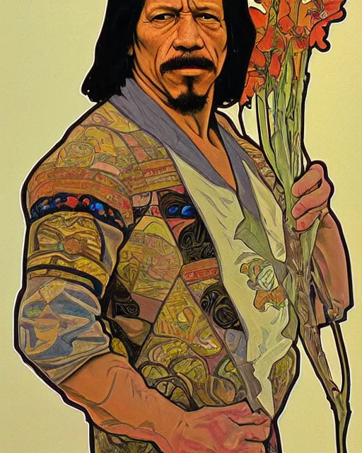 Image similar to a portrait painting of ( ( ( danny trejo ) ) ) in the style of alphonse mucha!!!