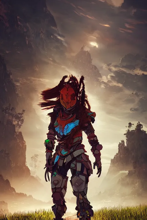 Image similar to combination suit armor aloy horizon forbidden west horizon zero dawn radiating a glowing aura global illumination ray tracing hdr fanart arstation by ian pesty and alena aenami artworks in 4 k tribal robot ninja mask helmet backpack