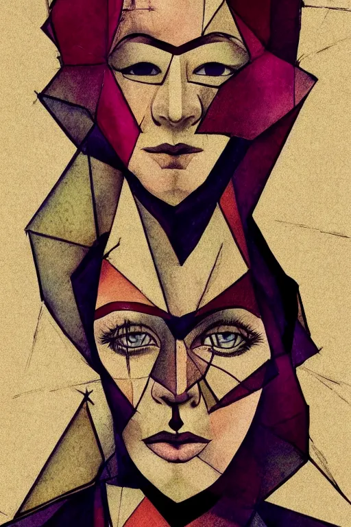 Prompt: portrait of triangle shaped redhead woman head with single cubism eye, in the style of Greg Broadmore and Arthur Rackham,trending on artstation, light lighting side view,digital art,surrealism ,macro,blueprint ,vaporwave ,