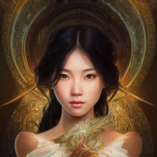 Image similar to full body portrait of asian beautiful girl, d & d, fantasy, intricate, elegant, highly detailed, digital painting, artstation, concept art, smooth, sharp focus, illustration, cinematic dramatic atmosphere, volumetric lighting, smooth, highly detailed, art by artgerm and greg rutkowski and alphonse mucha