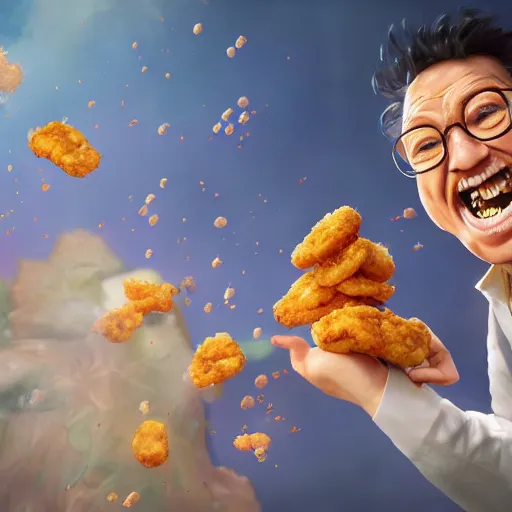 Image similar to a mad scientist in his back yard laughing happily at the chicken nuggets which are falling from the sky , made by Stanley Artgerm Lau, WLOP, Rossdraws, ArtStation, CGSociety, concept art, cgsociety, octane render, trending on artstation, artstationHD, artstationHQ, unreal engine, 4k, 8k,