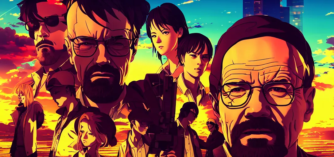 Prompt: Breaking Bad Anime Poster, flat color, synthwave, tokyo futuristic and clean, hyper realistic, straight lines 8k hdr pixiv dslr photo by Makoto Shinkai ilya kuvshinov and Wojtek Fus, digital art, concept art