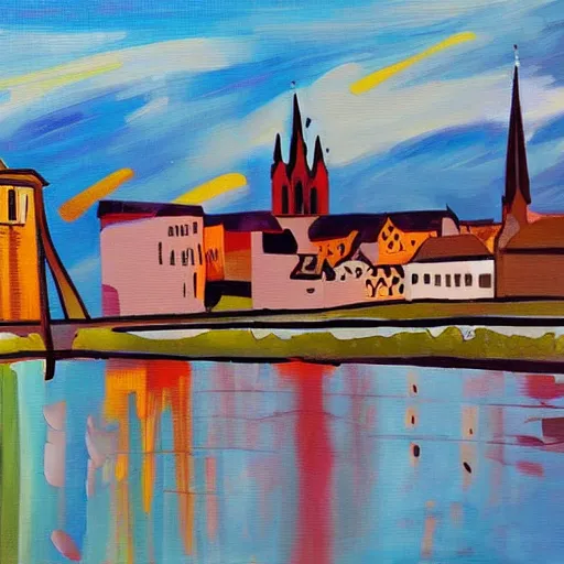 Image similar to abstract painting of the rhine board in basel, the munster in the background