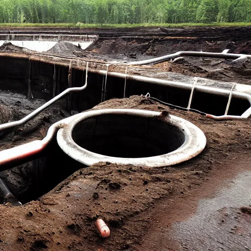 Image similar to underground mine, flooded, dirty water, rusty pipes