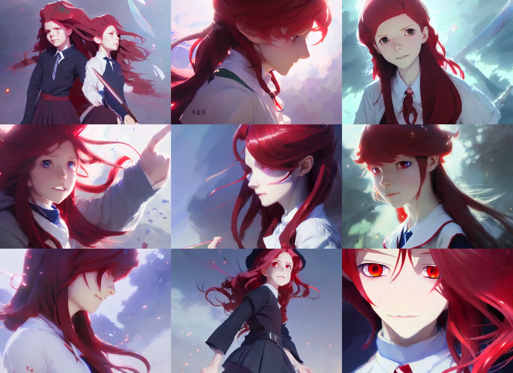 Prompt: little witch academia, red iridescent hair color, white school uniform, intricate, sharp focus, illustration, highly detailed, digital painting, concept art, matte, art by ruan jia and wlop and greg rutkowski, masterpiece