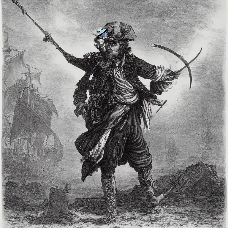 Prompt: an engraving of the pirate long john silver with a spyglass by gustave dore, ian miller, treasure island, highly detailed, strong shadows, depth, illuminated focal point, lithograph engraving