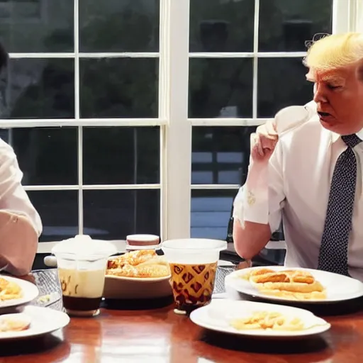 Image similar to photograph of trump and Biden sitting and eating breakfast at a Wafflehouse