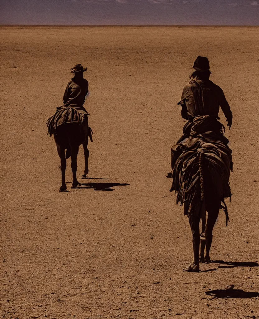 Prompt: i have been through the desert on a horse with no name, it felt good to be out of the rain, 3 5 mm nostalgic grainy photo, emotional perspective and depth