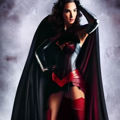 Image similar to Full body photo of the beautiful woman Gal Gadot a vampire, she is quiet, she has a black cape, there is a red glow coming from her, she is getting ulluminated by the red full moon, the photo was taking by Annie Leibovitz, matte painting, oil painting, naturalism, 4k, 8k