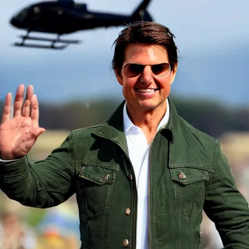 Image similar to Tom Cruise waving to fans. He's wearing bluejeans and a green jacket, Ralph Lauren. A helicopter is in the background. Shallow depth of field