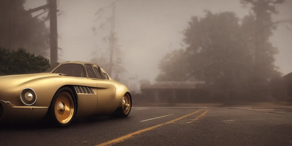 Prompt: parked fallout 5, retro futuristic vintage polished sports car, fog, rain, volumetric lighting, beautiful, golden hour, sharp focus, highly detailed, cgsociety