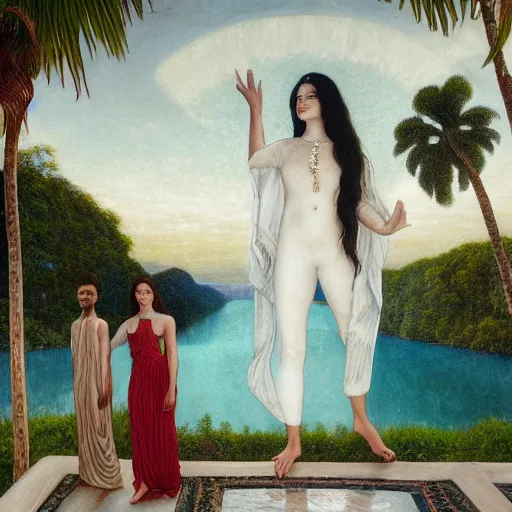 Image similar to a ultradetailed beautiful painting of lorde, frank ocean, the weeknd and lana del rey standing in front of the diamonds waterfall in the amazonas palace balustrade designed by jules bastien - lepage, tarsila do amaral, frank weston and gustave baumann, beach, trending on artstation, mediterranean, palm trees, sharp focus, soft light, 8 k 4 k