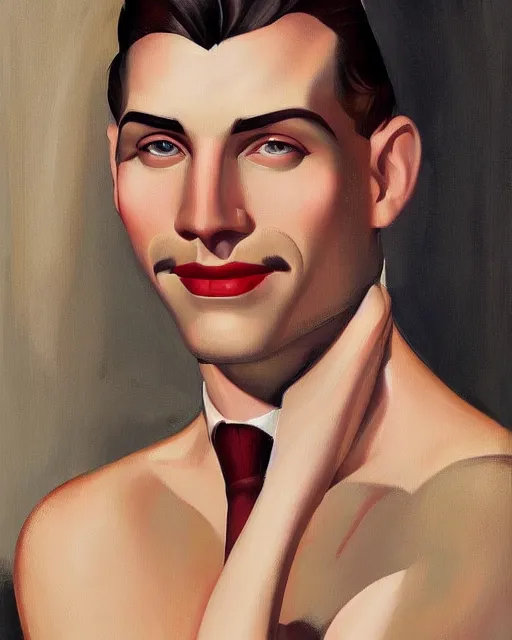 Image similar to portrait of a smiling man, art deco style, beautiful, elegant, mesmerizing, concept art, highly detailed, smooth, fantastical, artstation, deviantart, trending, by tamara de lempicka, sana takeda