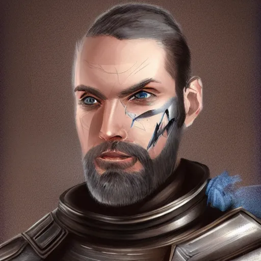 Prompt: portrait of a man in plate armor with short brown graying hair and a short beard and blue eyes. His face has many scars. concept art style