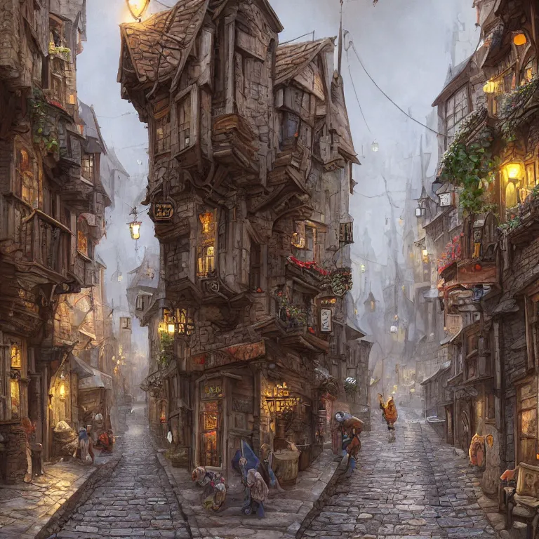 Image similar to a busy fantasy street looking down one street within a fascinating old city, quirky shops, narrow streets, old buildings, cobblestones on the ground, stone steps, street life, by Sylvain Sarrailh, single street, cinematic, simple but effective composition, clean lines, beautiful digital painting, oil painting, detailed, dungeons and dragons, lord of the rings