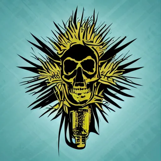 Image similar to dark death metal themed vector illustration for a record label, trees. forest, spikes, skull, microphone, skull, award winning, grunge, iconic, golden ratio