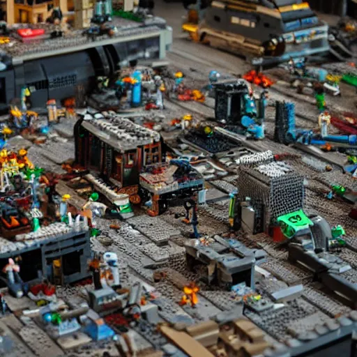 Image similar to post - apocalyptic lego - city, very detailed photo, ambient light, grotesque mood