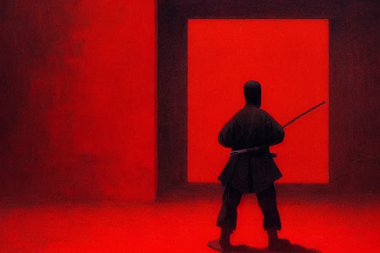 Image similar to only with red, a red samurai harakiri, tokio, a lot of frogs watch, in the style of beksinski, parts by edward hopper, parts by rodcenko, parts by yue minjun, intricate and epic composition, red by caravaggio, insanely quality, highly detailed, masterpiece, red light, artstation, 4 k