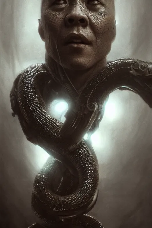 Image similar to realistic portrait beautiful detailed matte painting of cinematic movie scene jet li mutate into cyborg snake. horror, created by gustave dore and greg rutkowski, high detailed, smooth draw, synthwave neon retro, intricate, realistic proportions, dramatic lighting, trending on artstation.