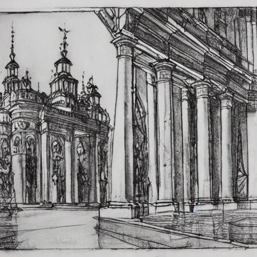 Image similar to Palast der Republik in Berlin, architectural drawing by Arthur Rackham