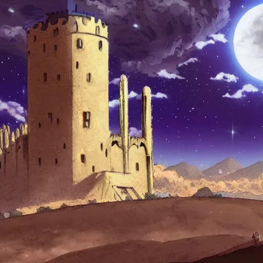 Image similar to Anime style, desert at night filled with monstrous beasts, tall white tower in the background, HD,