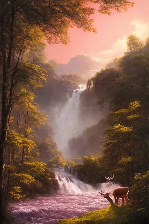 Prompt: the most beautiful panoramic landscape, oil painting, where a giant dreamy waterfall creates a river, the trees around are starting to bloom in pink color, a majestic deer is drinking water from the river and a ray light of the sunset is brightening him, by greg rutkowski